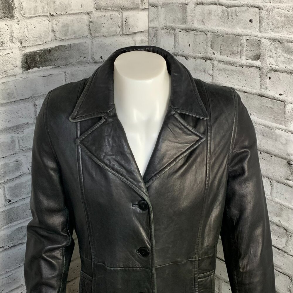 Vintage 90s Danier Black Leather Blazer Trench Coat Overcoat Longline Jacket - Picture 2 of 16